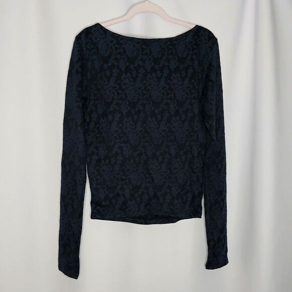 American Eagle Floral Jacuard Blouse Long Slve Crop Top Fitted Blue Lace sz: XS - Picture 3 of 6